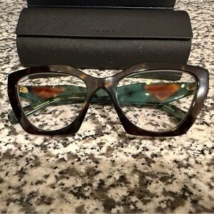 Prada Women’s Cat Eye Glasses in Brown Tortoise with Teal side pieces